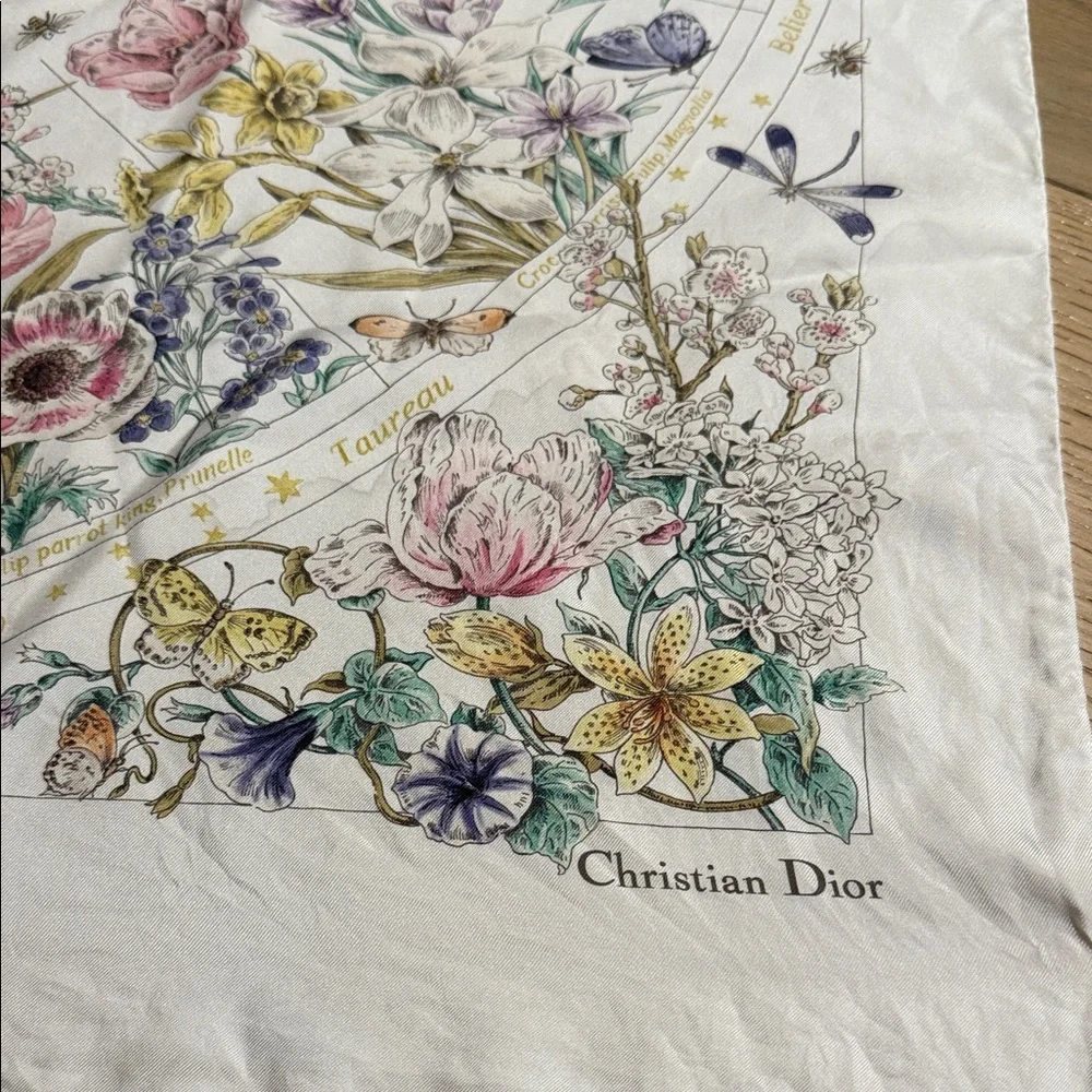 Dior White Silk Scarf with Floral and Sun Design